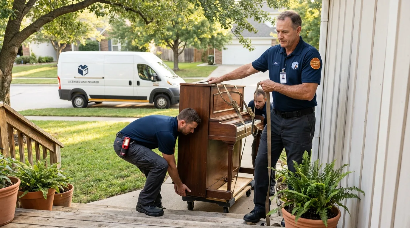 Licensed piano movers securing grand piano in Walker, MN