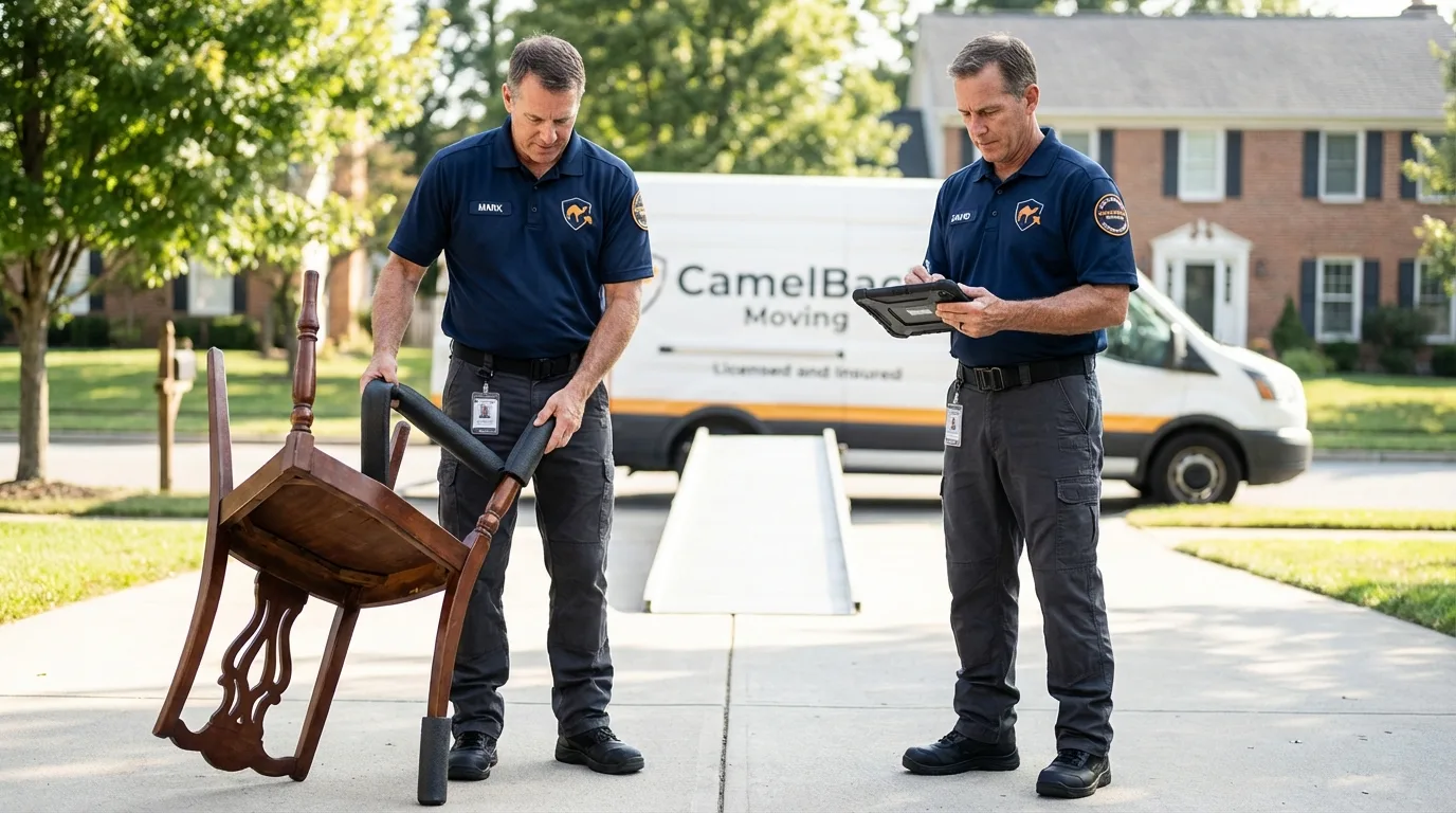Movers inspecting furniture for damage prevention before loading in Walker, MN