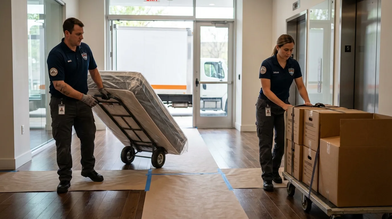 Professional apartment movers loading elevator in Walker, MN